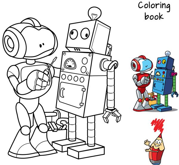 ربات جدید با پیچ گوشتی یک ربات خراب منسوخ را تعمیر می کند کتاب رنگ آمیزی تصویر برداری کارتونی