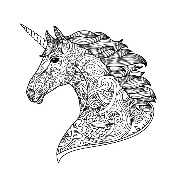 طراحی سبک زنتاگل تکشاخ برای کتاب رنگ آمیزی خالکوبی طرح پیراهن لوگو علامت تصویر تلطیف شده اسب اسب شاخدار به سبک ابله درهم