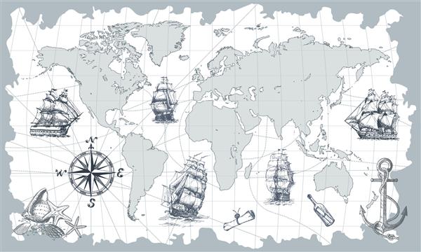 نقشه جهان وکتور دستی با قطب نما لنگر و کشتی های بادبانی به سبک قدیمی مناسب برای منسوجات کاغذ دیواری و چاپ
