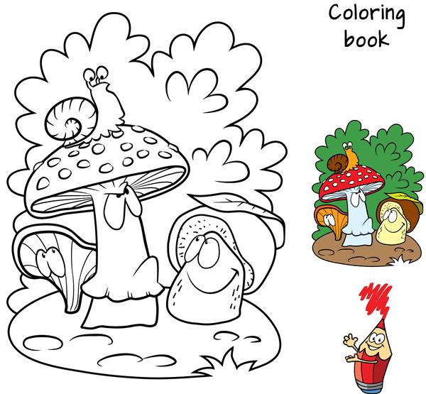 قارچ و حلزون کتاب رنگ آمیزی تصویر برداری کارتونی