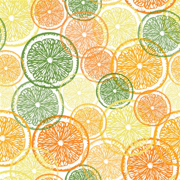 الگوی بدون درز مرکبات برش هایی از مرکبات لیموترش لیمو ماندارین و پرتقال کشیده شده با دست تصویر برداری سراسر چاپ