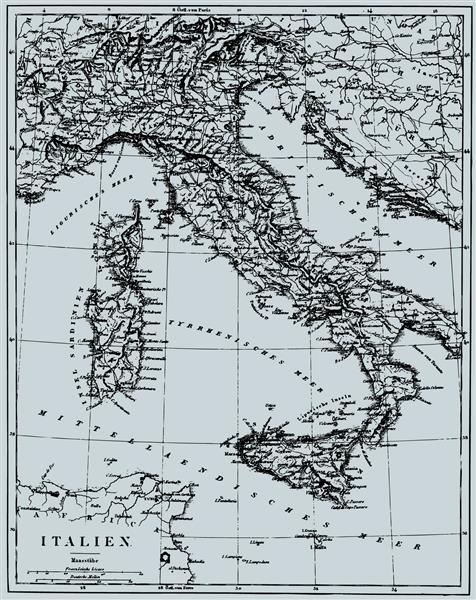نقشه برداری تاریخی ایتالیا از Bilderatlas توسط اطلس FA Brockhaus منتشر شده در سال 1851 نقشه های برداری دیگر در نمونه کار من