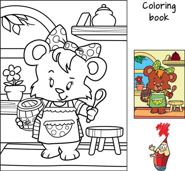 دختر خرس کوچولو با پیش بند با بشکه عسل و قاشق کتاب رنگ آمیزی تصویر برداری کارتونی