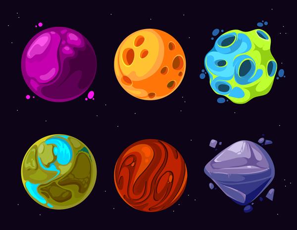 سیارات فضایی سیارک ماه نمادهای کارتونی وکتور بازی دنیای خارق العاده سیارک و سیاره رنگی تصویر جهان فوق العاده با سیارات کارتونی