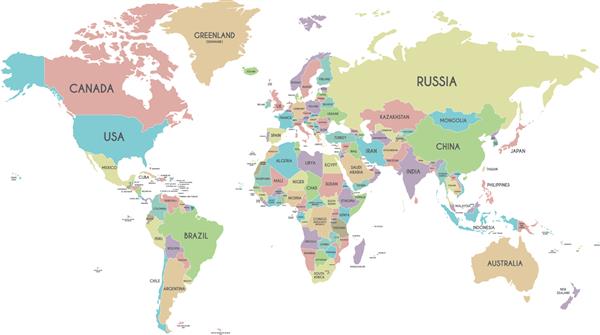 تصویر برداری نقشه جهان سیاسی جدا شده در پس زمینه سفید لایه های قابل ویرایش به وضوح برچسب گذاری شده اند