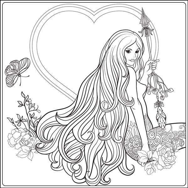 دختر جوان زیبا با موهای بلند با پیکان و گل رز تصویر برداری خط سهام صفحه رنگ آمیزی طرح دستی برای کتاب رنگ آمیزی بزرگسالان