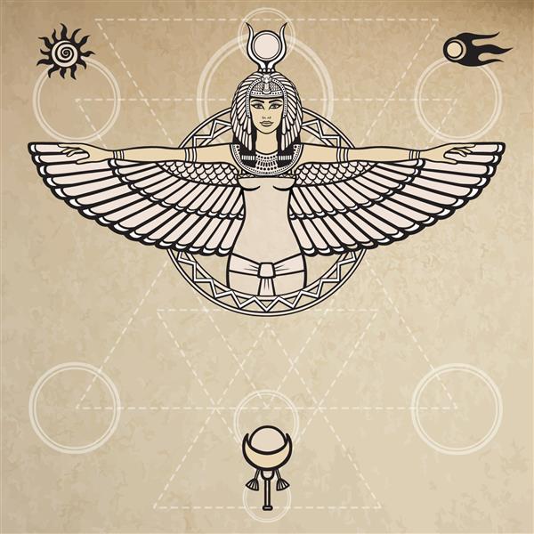 پرتره متحرک الهه بالدار مصر باستان نمادهای فضایی هندسه مقدس تصویر برداری پس زمینه - تقلید از کاغذ قدیمی جای متن