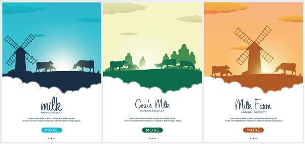 ست محصول طبیعی شیر پوستر منظره روستایی با آسیاب و گاو سحر در روستا