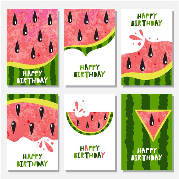 مجموعه 6 قالب کارت خلاق زیبا با هندوانه تصویر برداری کارت دستی برای تولد