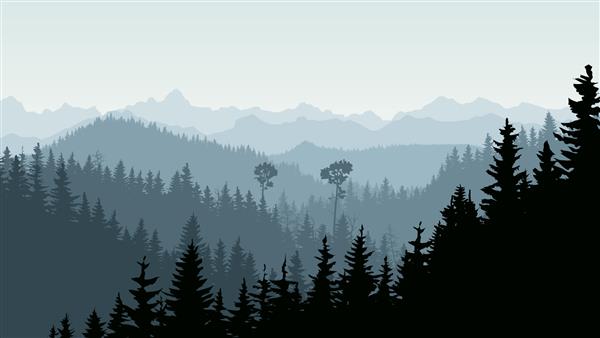 تصویر افقی غبار صبحگاهی در تپه‌های جنگلی مخروطی با کوه
