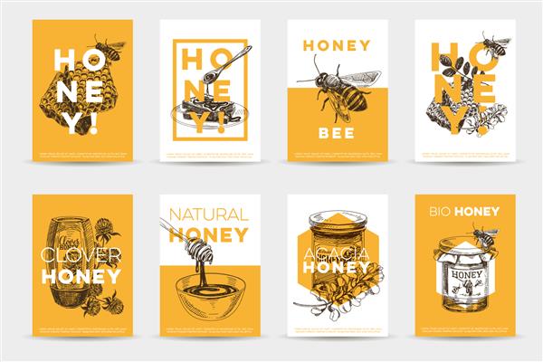مجموعه پوستر عسلی وکتور طراحی شده با دست طرح تصاویر سبک وینتیج قالب طراحی کارت پس زمینه یکپارچهسازی با سیستمعامل