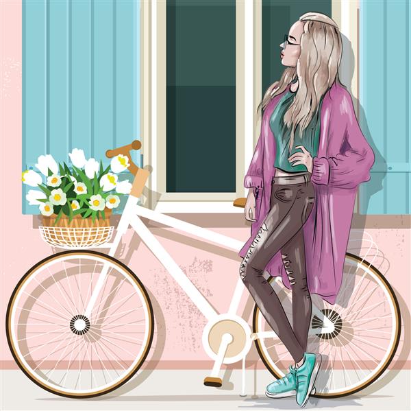 دختر زیبا با لباس راحتی با دوچرخه و نمای ساختمان تصویر برداری