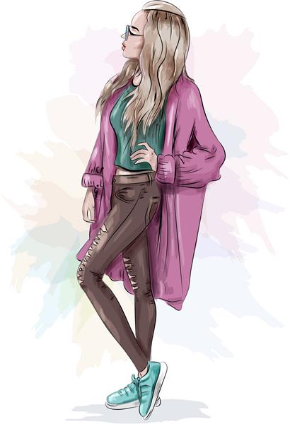 دختر زیبای شیک با لباس های راحتی شلوار جین تاپ برش و کفش های کتانی طرح تصویر برداری