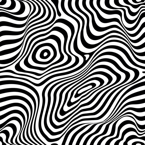 وکتور الگوی بدون درز تک رنگ خطوط منحنی پس‌زمینه سیاه و سفید راه راه بافت موج دار پویا انتزاعی جلوه بصری سه بعدی توهم حرکت انحنا طراحی پاپ آرت کاشی های تکراری