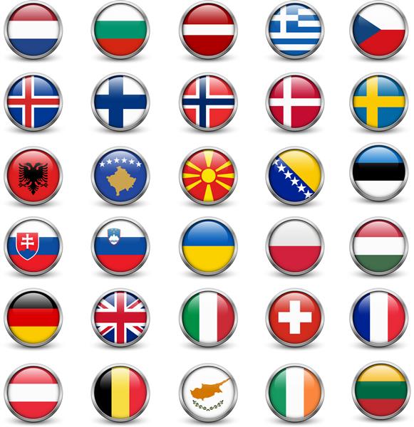 ست پرچم کشورهای اروپایی دکمه هایی با قاب فلزی و سایه