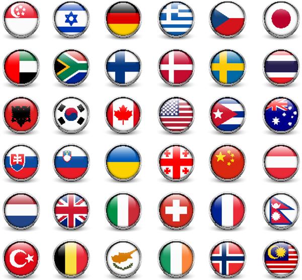 مجموعه ای از پرچم های جهان دکمه هایی با قاب فلزی و سایه
