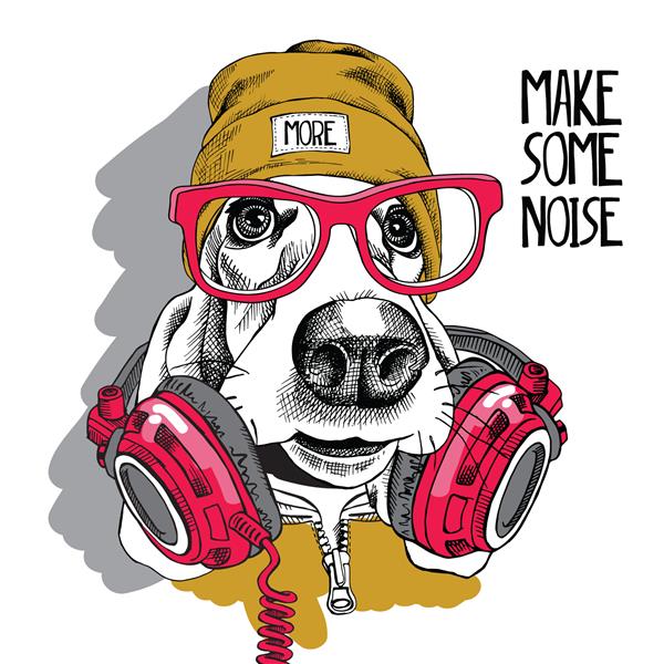 سگ باست هاند با عینک قرمز کلاه هیپستر زرد و هدفون روی گردن تصویر برداری