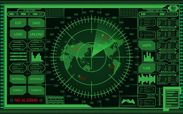 صفحه رادار سبز دیجیتال انتزاعی با نقشه جهان اهداف و رابط کاربری آینده نگر در پس زمینه تاریک