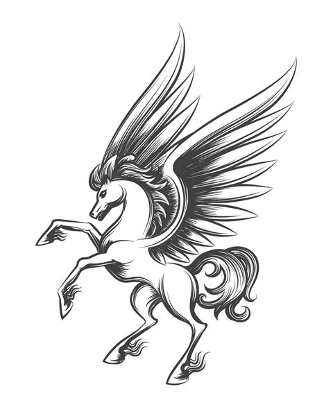 تصویر برداری حکاکی اسب بالدار طرح طلسم پگاسوس یا پرنده موستانگ با دست کشیده شده روی پس‌زمینه سفید برای خالکوبی