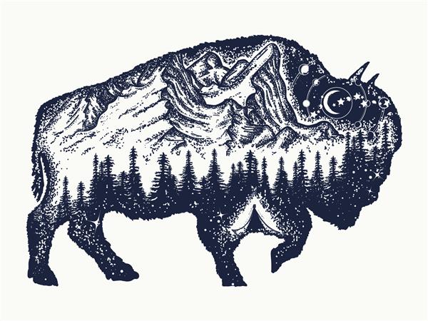 هنر خال کوبی بیسون نماد سفر گاو نر بوفالو گردشگری ماجراجویی کوه جنگل آسمان شب گاومیش کوهان دار امریکایی جادویی حیوانات با قرار گرفتن در معرض دوگانه