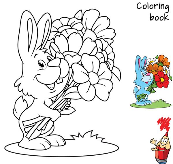 خرگوش کوچک ناز با یک دسته گل کتاب رنگ آمیزی تصویر برداری کارتونی