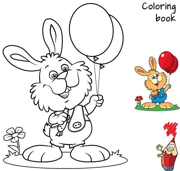 خرگوش کوچک ناز با هویج و بادکنک قرمز کتاب رنگ آمیزی تصویر برداری کارتونی