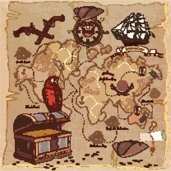 نقشه گنج دزدان دریایی قدیمی قفسه سینه گنج فرمان طوطی جمجمه رام سابر کلاه دزدان دریایی و کشتی پس زمینه داستان های ماجراجویی