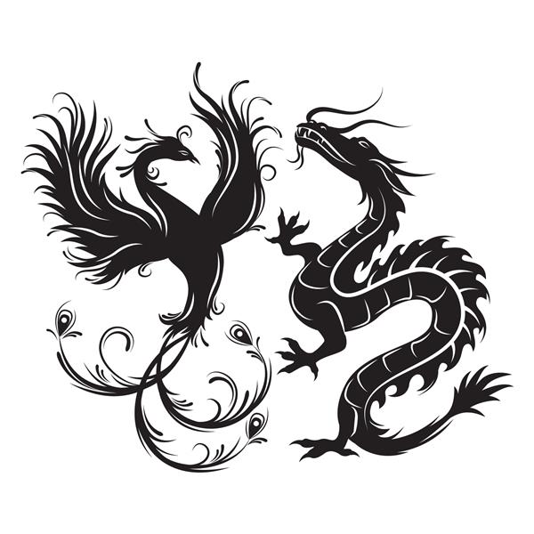 سیلوئت پرنده ققنوس و اژدها نماد تعادل اژدها که در چنین ترکیبی نمادی از انرژی مردانه یانگ خواهد بود در حالی که ققنوس - تجسم انرژی زنانه است