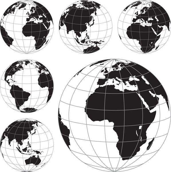 بردار سیاه و سفید کره های زمین جدا شده روی سفید