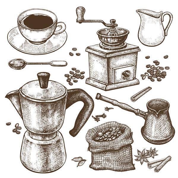 تصویر نقاشی با دست زمان قهوه قهوه جوش ایبریک ترکی آسیاب قهوه فنجان پارچ شیر قاشق دسر دانه های قهوه ادویه دارچین و بادیان ستاره ای جدا شده در زمینه سفید هنر قدیمی