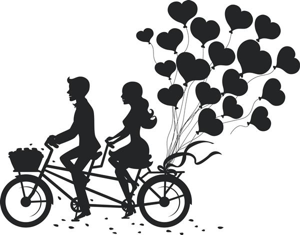 زن و شوهر عاشقانه زن و مرد در حال دوچرخه سواری با سیلوئت بالن های قلبی
