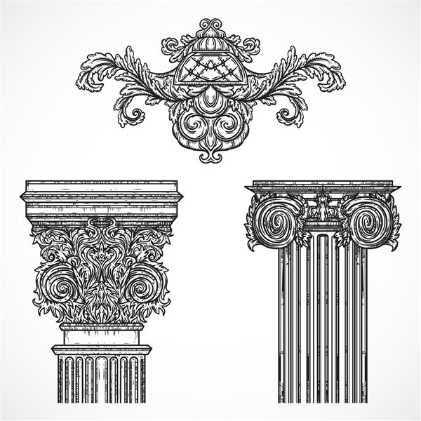 عناصر طراحی جزئیات معماری قدیمی ستون و کارتوش به سبک کلاسیک باروک عتیقه تصویر برداری دست کشیده