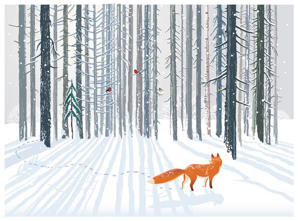 منظره جنگلی زمستانی با روباه
