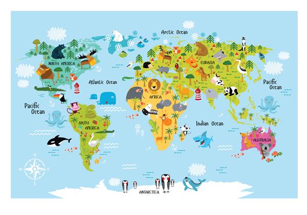 نقشه برداری از جهان با حیوانات کارتونی برای بچه ها اروپا آسیا آمریکای جنوبی آمریکای شمالی استرالیا آفریقا شیر تمساح کانگورو کوالا نهنگ خرس فیل کوسه توکان طوطی
