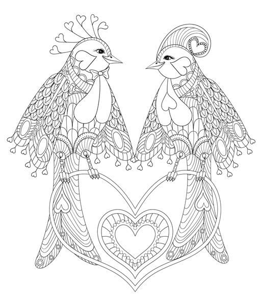 زوج دوست داشتنی پرنده عجیب و غریب که روی قلب نشسته اند برای صفحه رنگ آمیزی ضد استرس بزرگسالان کارت تبریک روز ولنتاین هنر درمانی عنصر دکوراسیون تصویر مرغ عشق zentangle کشیده شده با دست