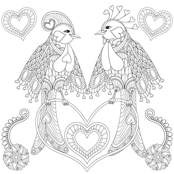 چند پرنده استوایی عجیب و غریب که روی شاخه قلبی برای صفحه رنگ آمیزی ضد استرس بزرگسالان هنر درمانی کارت تبریک دکوراسیون نشسته اند تصویر zentangle دستی برای روز سنت ولنتاین