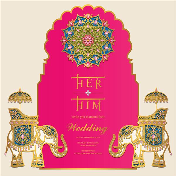 قالب کارت دعوت عروسی هندی با طرح فیل طلایی و کریستال روی رنگ کاغذ