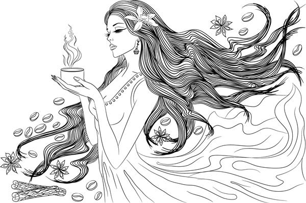 هنر خط تصویر برداری از یک دختر جوان زیبا با موهای بلند در لباسی روان با یک فنجان قهوه داغ در دستانش جدا شده در پس زمینه سفید صفحه کتاب رنگ آمیزی برای بزرگسالان
