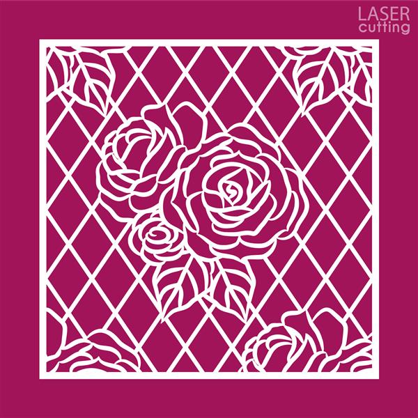 پانل زینتی مربعی برش لیزری با طرح گل رز الگوی کارت دعوت عروسی یا کارت تبریک پانل فرت ورک کابینت طراحی فلز کنده کاری روی چوب