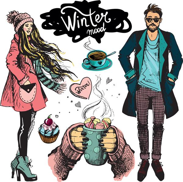 وکتور ست زن و مرد و اجسام با حال و هوای زمستانی طرح مد زمستانی تصویر در سبک دست کشیده شده است دست هایی که یک فنجان کاکائو فنجان چای و یک کیک کوچک در دست دارند