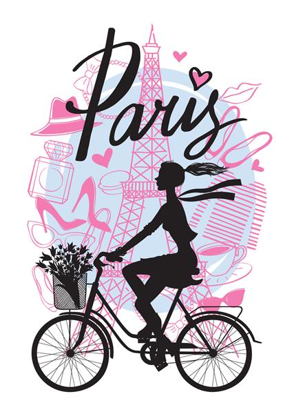 دختری دوچرخه سواری می کند دوچرخه سوار سیلوئت پاریس تصویر برداری دستی با برج ایفل لوازم جانبی مد