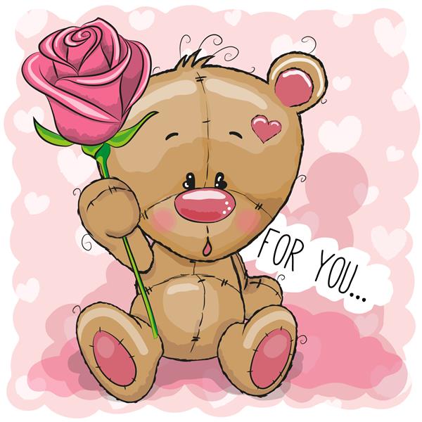 کارت پستال کارتونی زیبا خرس عروسکی با گل در پس زمینه صورتی