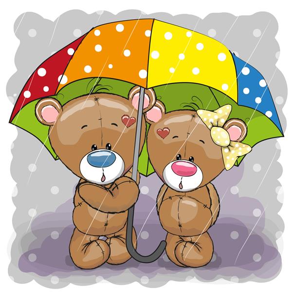 دو خرس کارتونی بامزه با چتر زیر باران