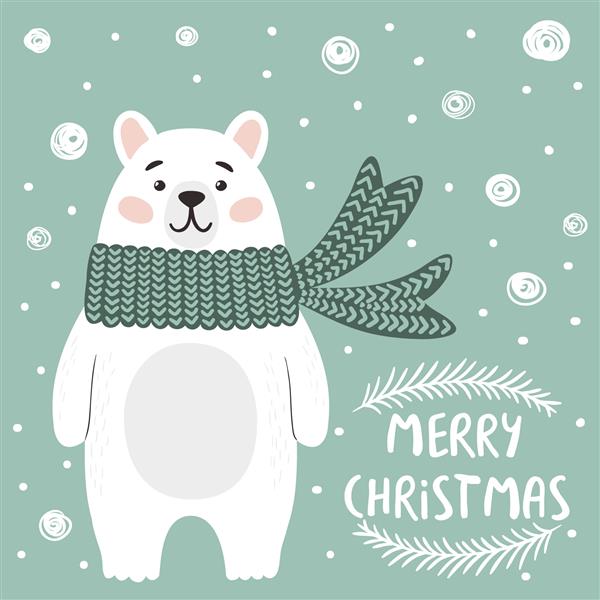 خرس قطبی خنده دار در پس زمینه سبز نقاشی دستی کریسمس مبارک تصویر برداری برای تعطیلات زمستانی و کارت تبریک