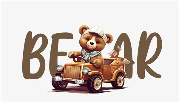 خرس عروسکی کارتونی با ماشین و کیف خرید تصویر برداری