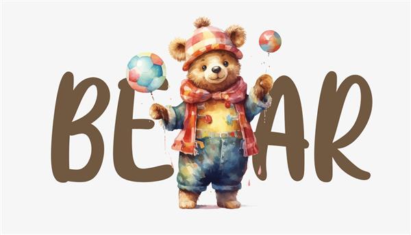 خرس عروسکی کارتونی خنده دار با توپ شعبده بازی در دستان تصویر برداری