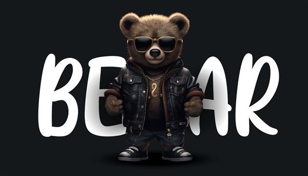 خرس عروسکی با ژاکت چرمی و عینک آفتابی سبک هیپ هاپ تصویر برداری