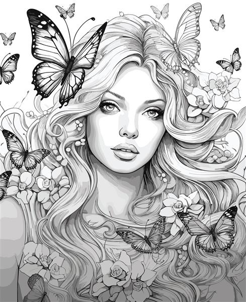 فرمت وکتور صورت دختر با پروانه و گل