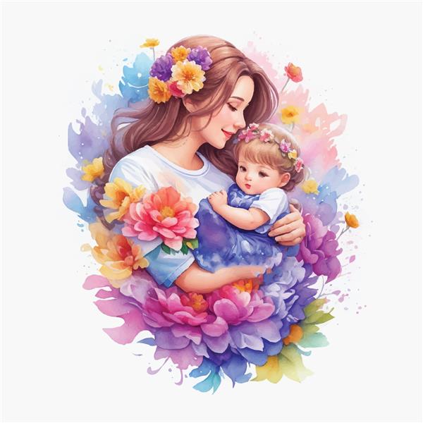 محبت فراگیر طراحی هنری آبرنگ مادری که نوزادش را در آغوش می گیرد