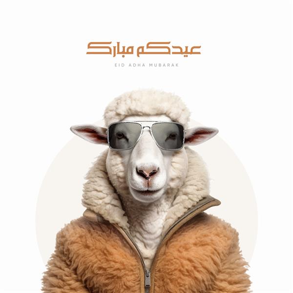 سر گوسفندی با عینک آفتابی بر روی بدن انسان مردی که لباس زمستانی پوشیده در زمینه سفید - ترجمه عربی عید قربان مبارک